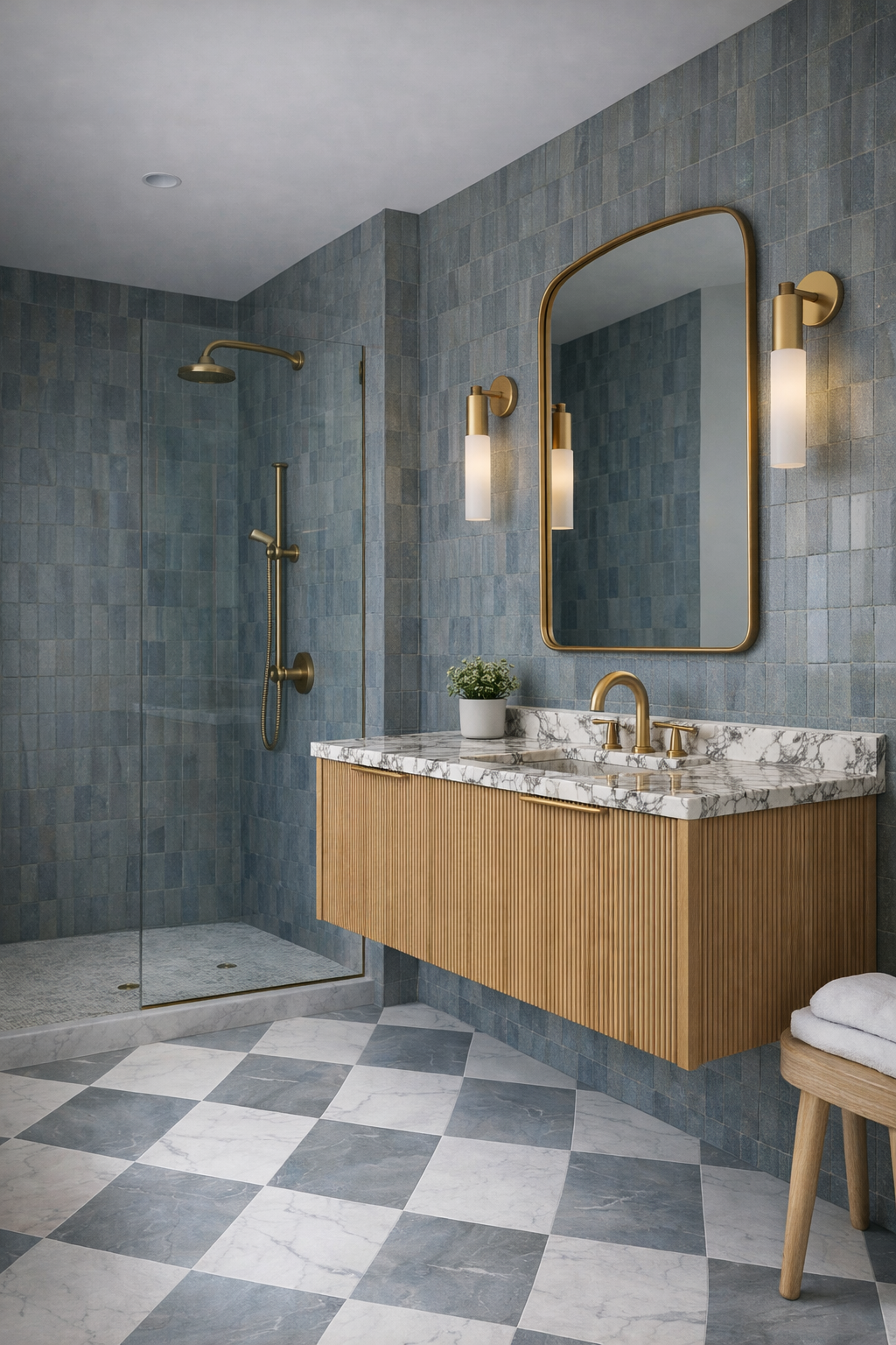Primary bath with blue zellige tile, brass fixtures, fluted oak vanity, and checkerboard marble floor