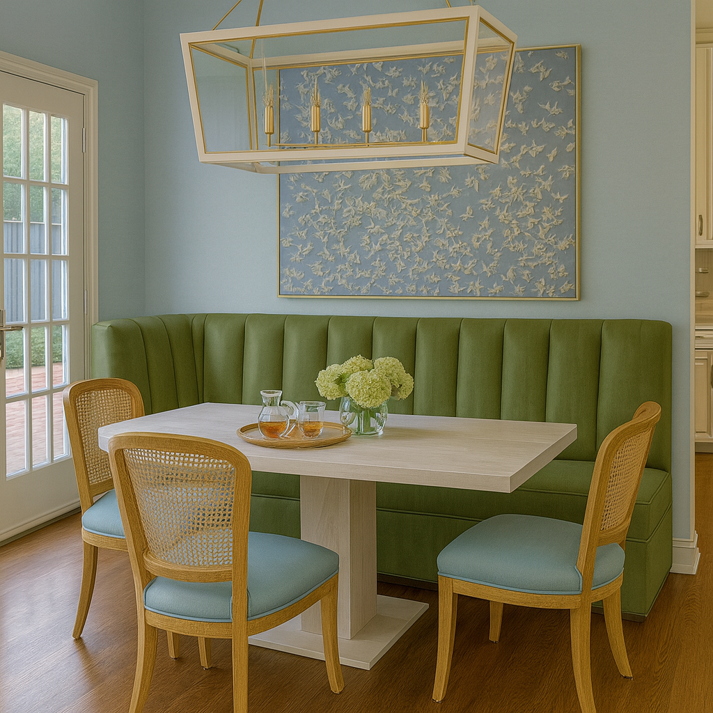 Bright dining nook with green banquette, rattan chairs, and lantern pendant