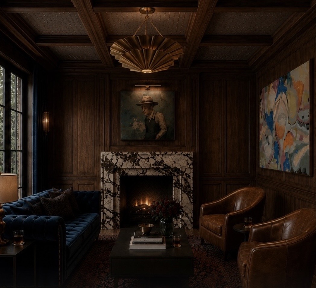 Dramatic walnut-paneled study with brass pendant, mosaic marble fireplace, navy velvet sofa, and curated art