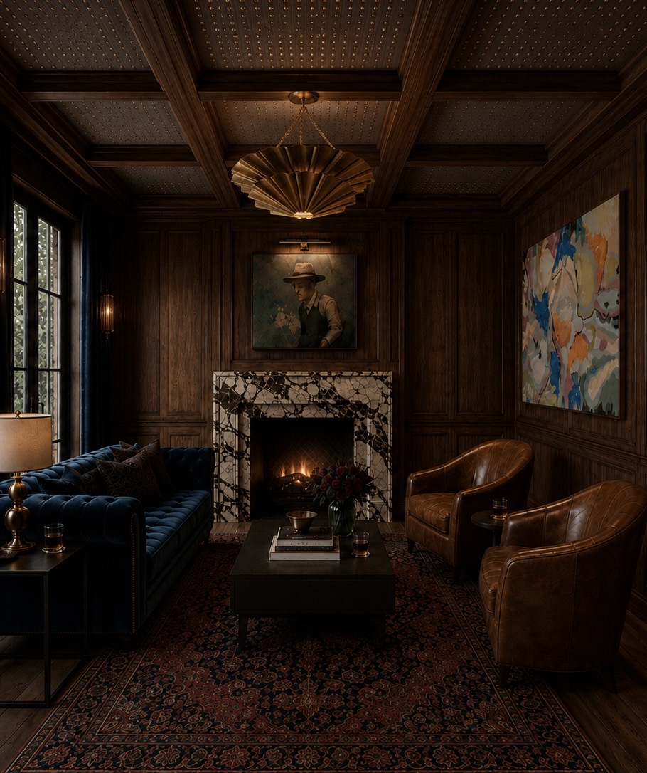Dramatic study with walnut paneling, marble fireplace, and curated art